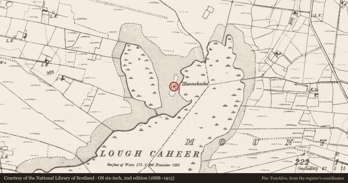 Ordnance Survey six-inch map, 2nd edition (1888–1915) covering the location of Crannog, Coolnaha South, County Mayo, with a pin at the register's coordinates