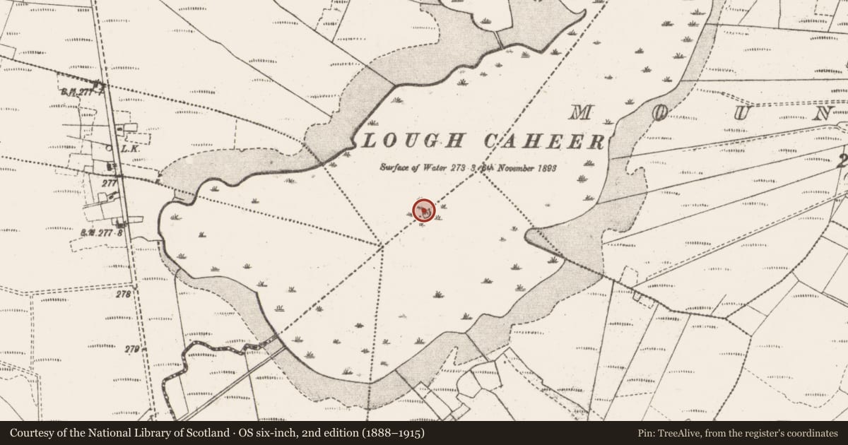 Ordnance Survey six-inch map, 2nd edition (1888–1915) covering the location of Crannog, Coolnaha South, Togher, County Mayo, with a pin at the register's coordinates
