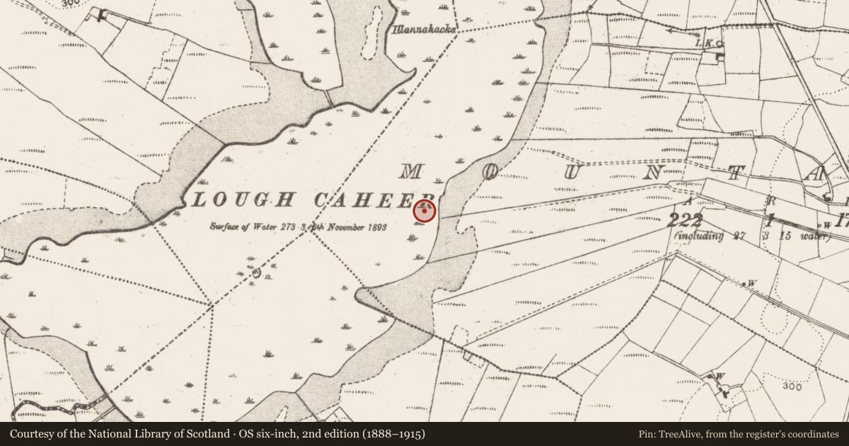 Ordnance Survey six-inch map, 2nd edition (1888–1915) covering the location of Crannog, Mountain, County Mayo, with a pin at the register's coordinates