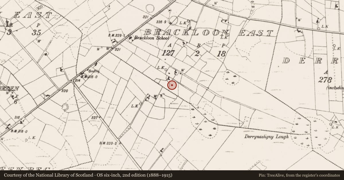 Ordnance Survey six-inch map, 2nd edition (1888–1915) covering the location of Enclosure, Brackloon East, County Mayo, with a pin at the register's coordinates