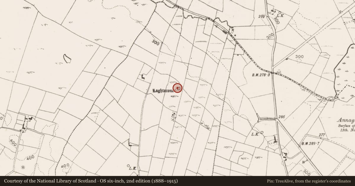 Ordnance Survey six-inch map, 2nd edition (1888–1915) covering the location of Mound, Bracklaghboy, County Mayo, with a pin at the register's coordinates