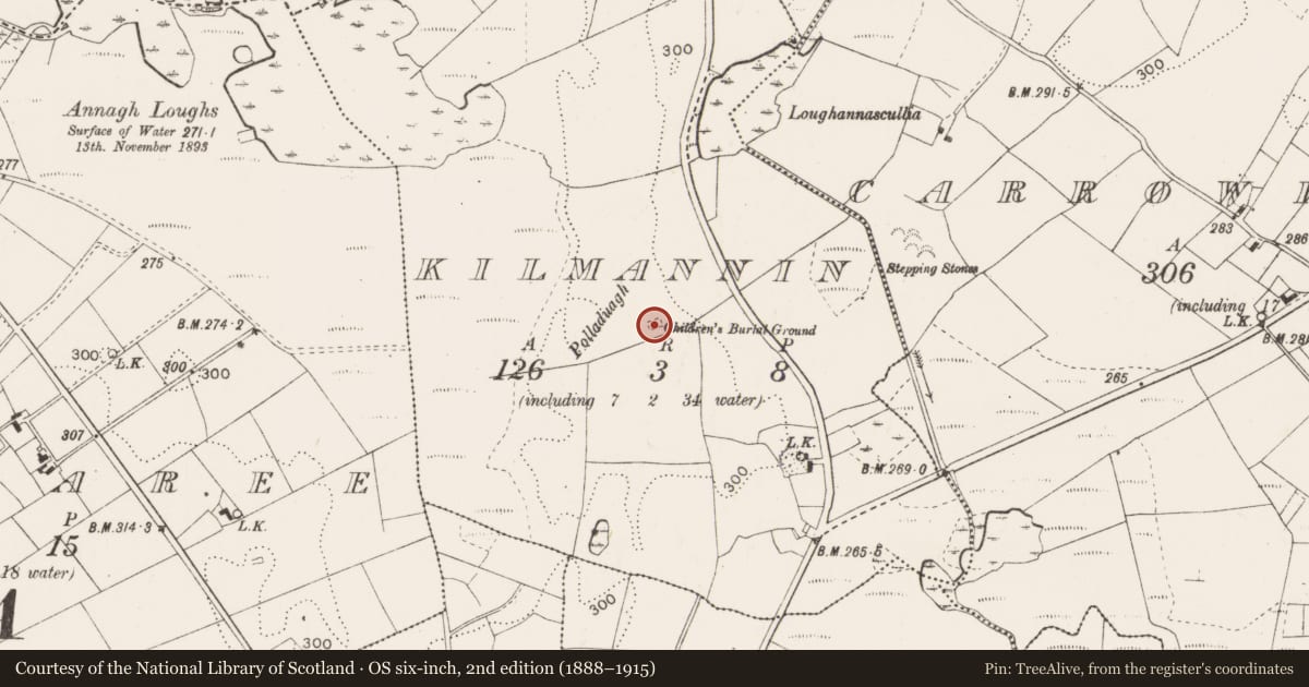 Ordnance Survey six-inch map, 2nd edition (1888–1915) covering the location of Children's burial ground, Kilmannin, County Mayo, with a pin at the register's coordinates