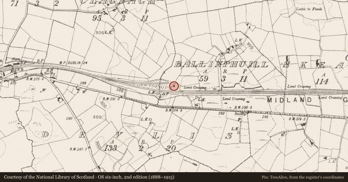 Ordnance Survey six-inch map, 2nd edition (1888–1915) covering the location of Enclosure, Ballinphuill, Clagnagh, County Mayo, with a pin at the register's coordinates