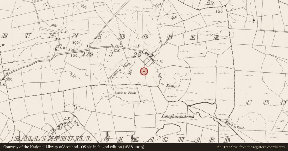 Ordnance Survey six-inch map, 2nd edition (1888–1915) covering the location of Enclosure, Bunnadober, County Mayo, with a pin at the register's coordinates