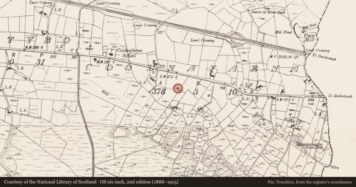 Ordnance Survey six-inch map, 2nd edition (1888–1915) covering the location of Enclosure, Coolnafarna, County Mayo, with a pin at the register's coordinates