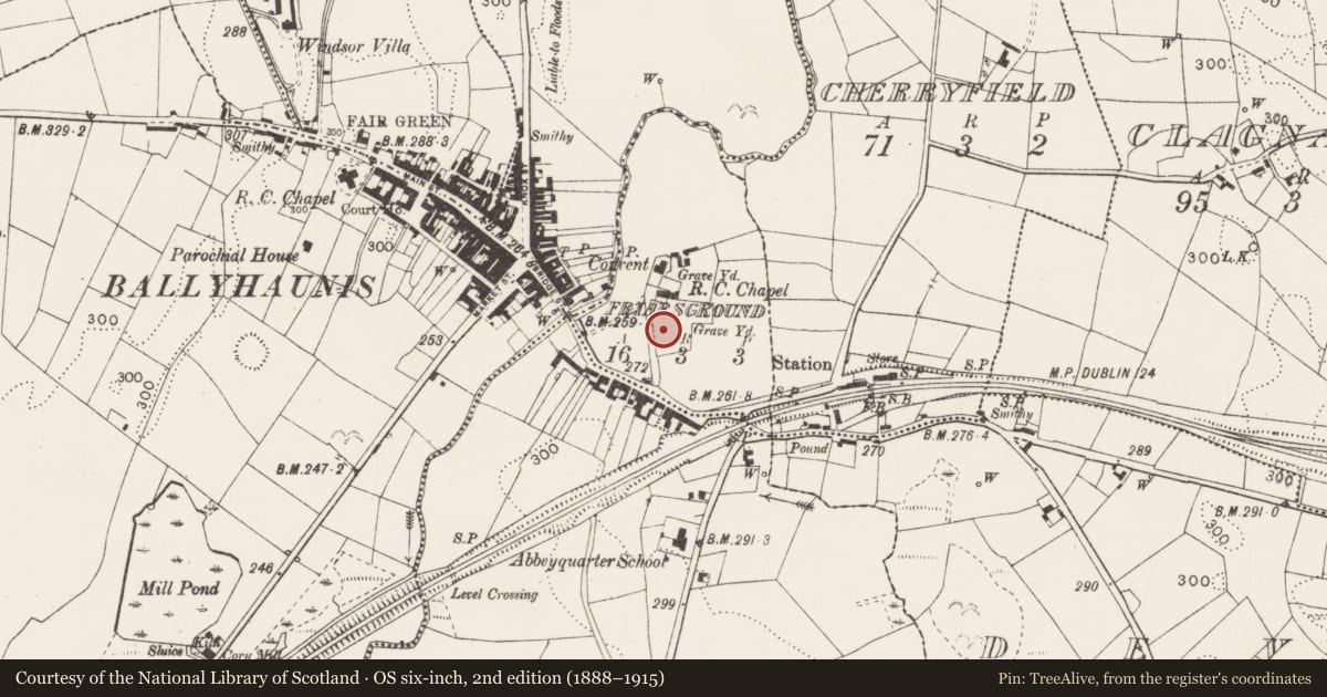 Ordnance Survey six-inch map, 2nd edition (1888–1915) covering the location of Earthwork, Friarsground, County Mayo, with a pin at the register's coordinates