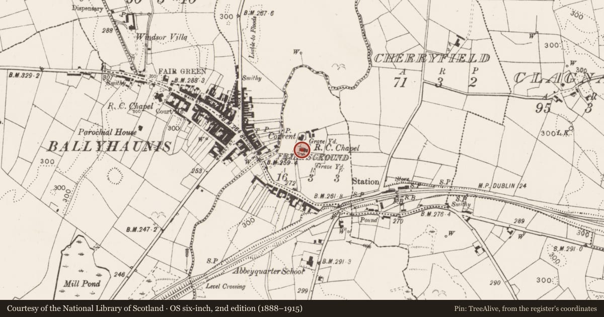 Ordnance Survey six-inch map, 2nd edition (1888–1915) covering the location of Religious house - Augustinian friars, Friarsground, County Mayo, with a pin at the register's coordinates