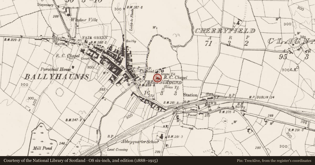 Ordnance Survey six-inch map, 2nd edition (1888–1915) covering the location of Cross, Friarsground, County Mayo, with a pin at the register's coordinates