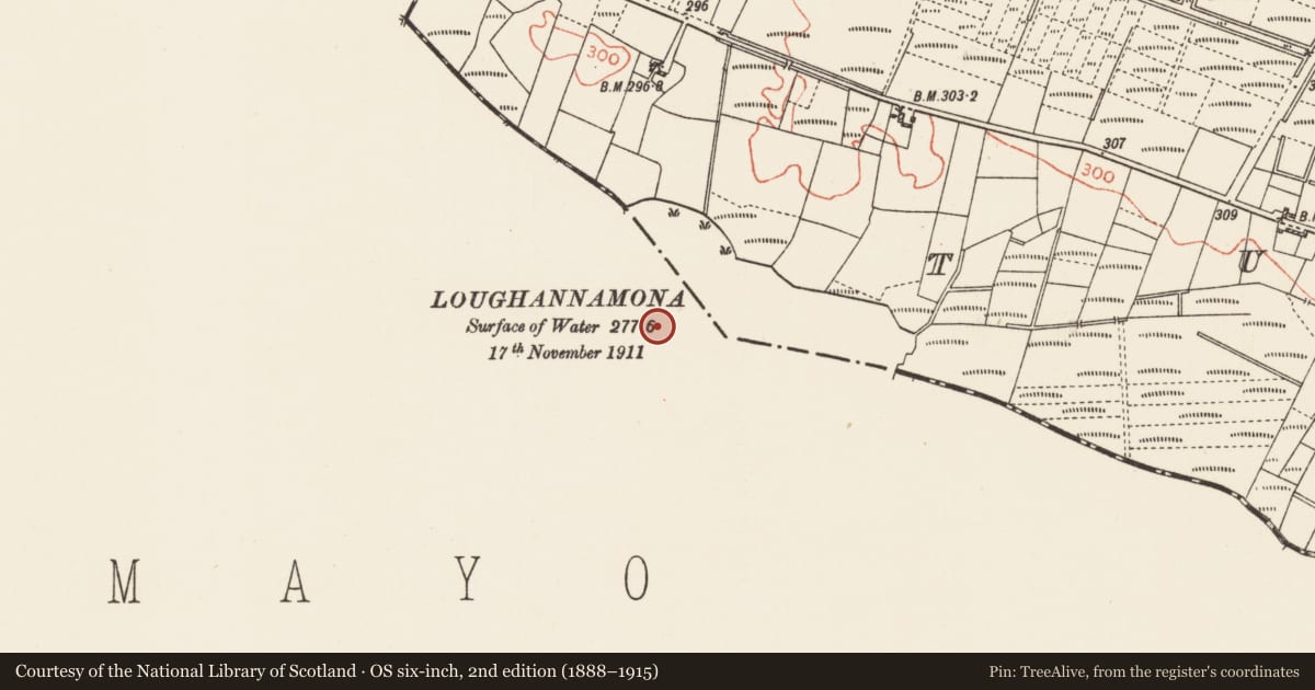 Ordnance Survey six-inch map, 2nd edition (1888–1915) covering the location of Crannog, Brackloon North, Tawnaghmore, County Mayo, with a pin at the register's coordinates