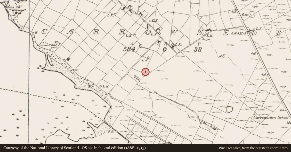 Ordnance Survey six-inch map, 2nd edition (1888–1915) covering the location of Enclosure, Carrowneden (Costello By., Aghamore Par.), County Mayo, with a pin at the register's coordinates