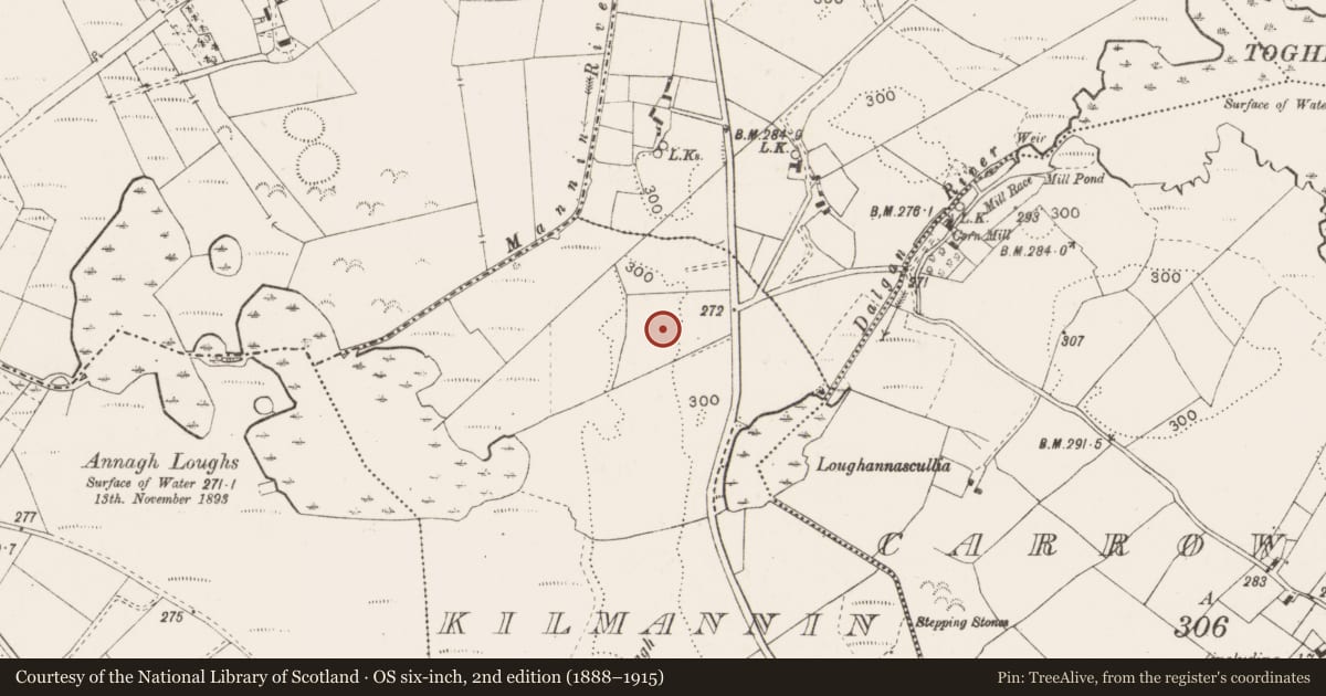 Ordnance Survey six-inch map, 2nd edition (1888–1915) covering the location of Earthwork, Kilmannin, County Mayo, with a pin at the register's coordinates