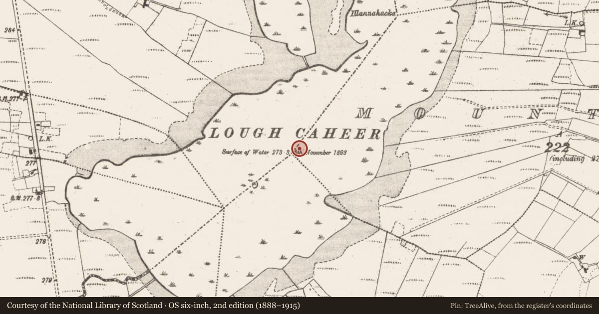Ordnance Survey six-inch map, 2nd edition (1888–1915) covering the location of Crannog, Mountain, County Mayo, with a pin at the register's coordinates
