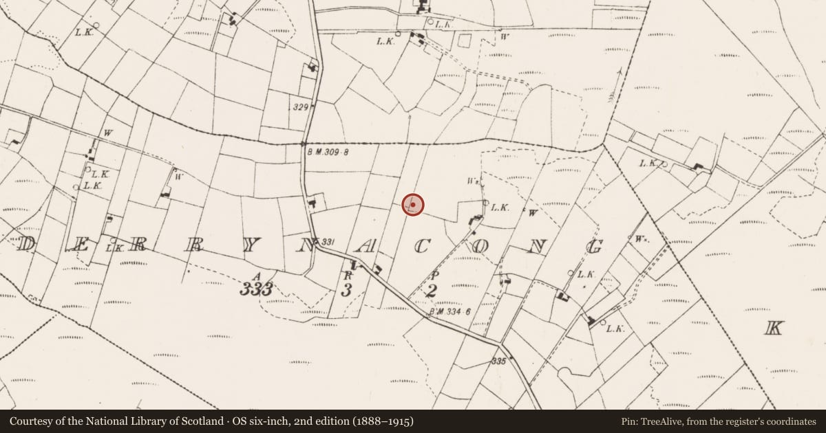 Ordnance Survey six-inch map, 2nd edition (1888–1915) covering the location of Ringfort - unclassified, Derrynacong, County Mayo, with a pin at the register's coordinates