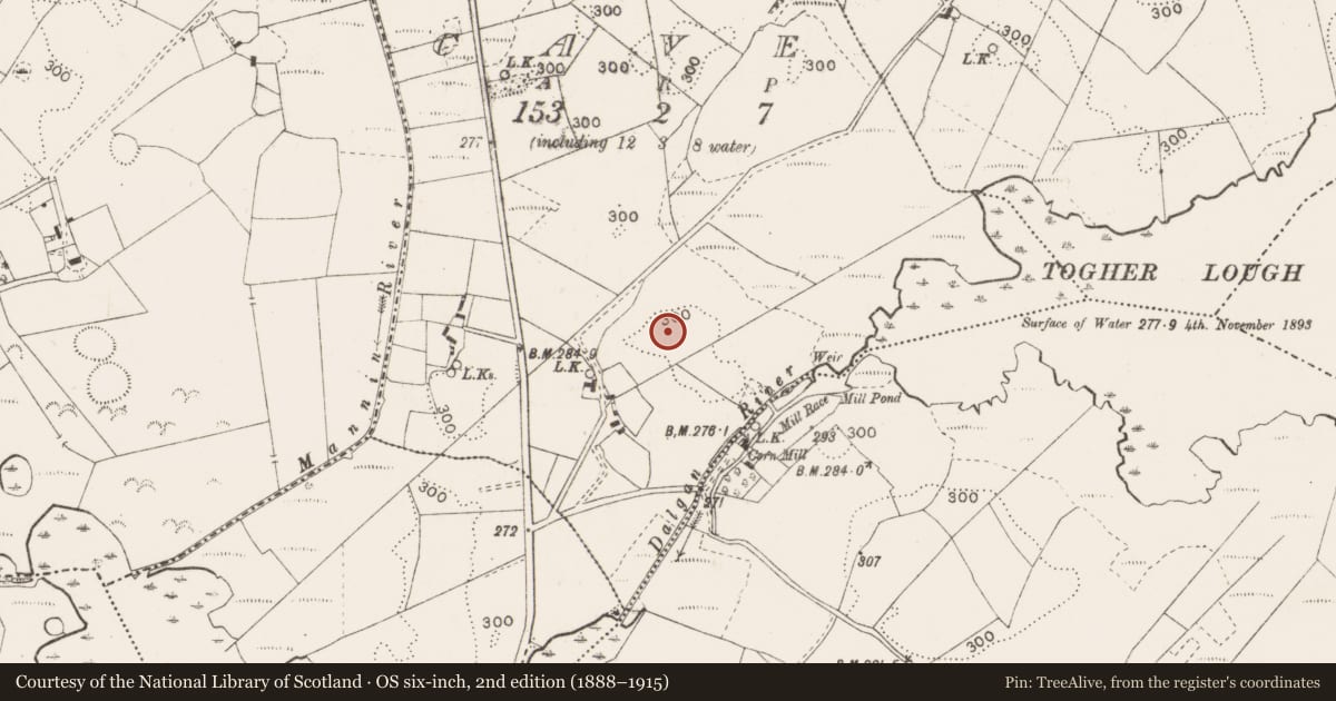 Ordnance Survey six-inch map, 2nd edition (1888–1915) covering the location of Souterrain, Cave, County Mayo, with a pin at the register's coordinates