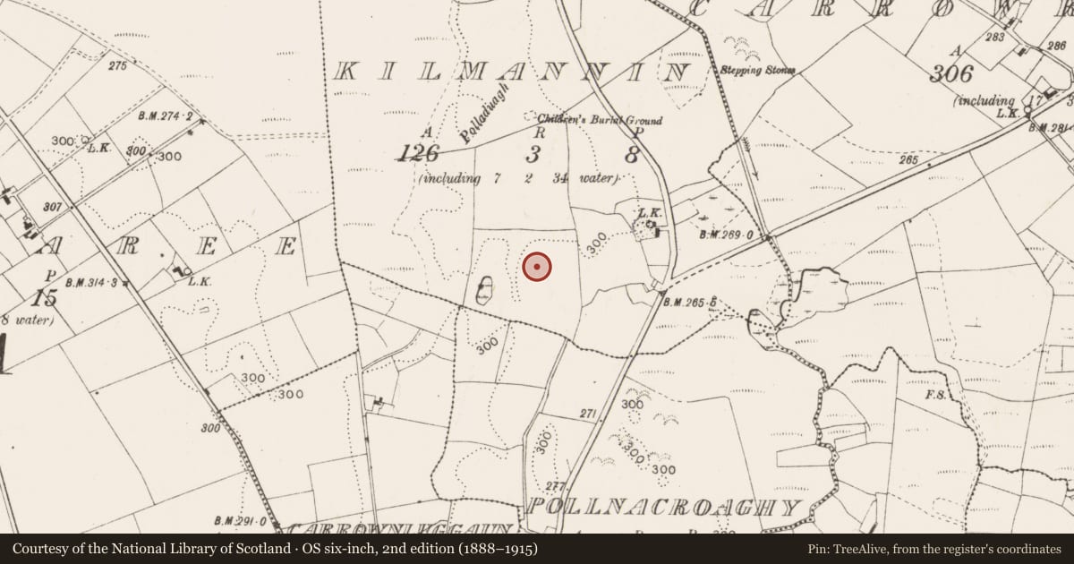 Ordnance Survey six-inch map, 2nd edition (1888–1915) covering the location of Cairn - clearance cairn, Kilmannin, County Mayo, with a pin at the register's coordinates