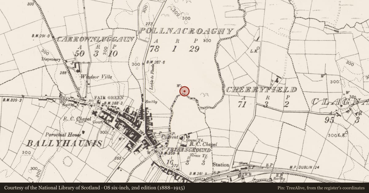 Ordnance Survey six-inch map, 2nd edition (1888–1915) covering the location of Fulacht fia, Pollnacroaghy, County Mayo, with a pin at the register's coordinates