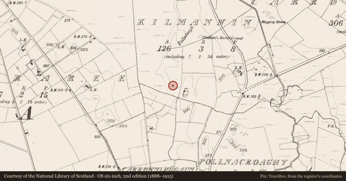 Ordnance Survey six-inch map, 2nd edition (1888–1915) covering the location of Mound, Kilmannin, County Mayo, with a pin at the register's coordinates