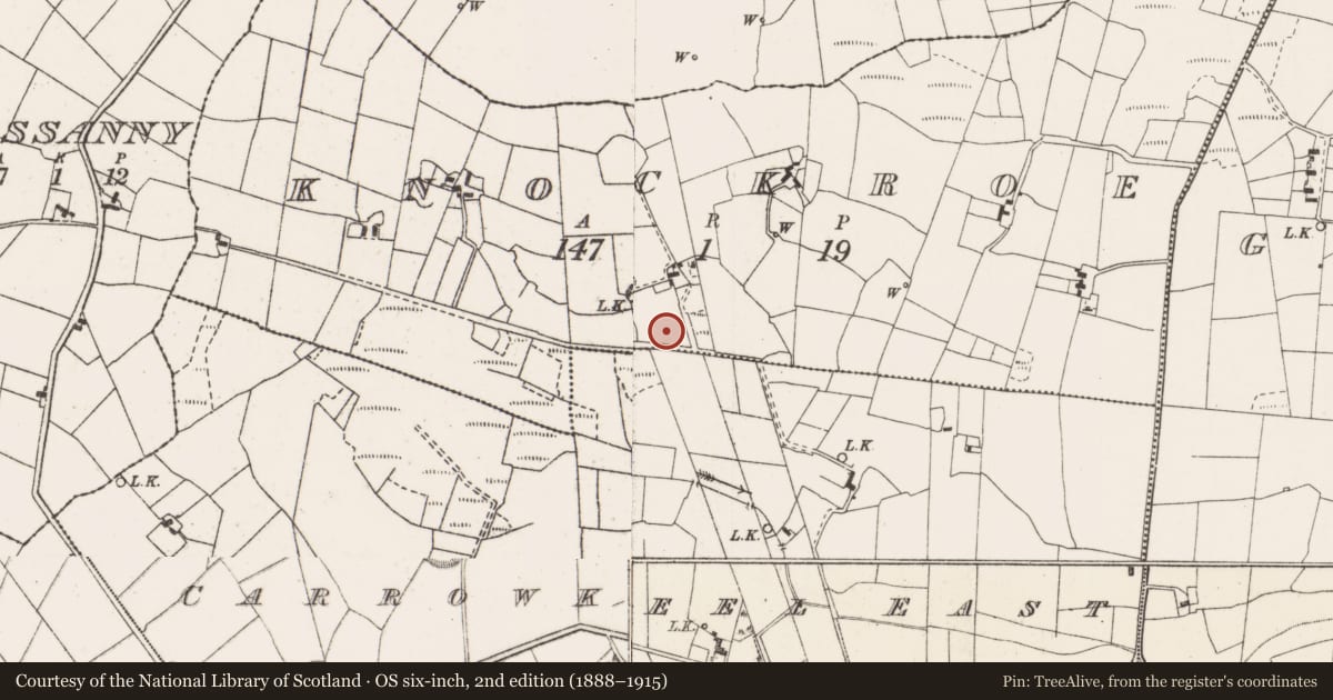 Ordnance Survey six-inch map, 2nd edition (1888–1915) covering the location of Fulacht fia, Knockroe (Clanmorris By., Knock Par.), County Mayo, with a pin at the register's coordinates