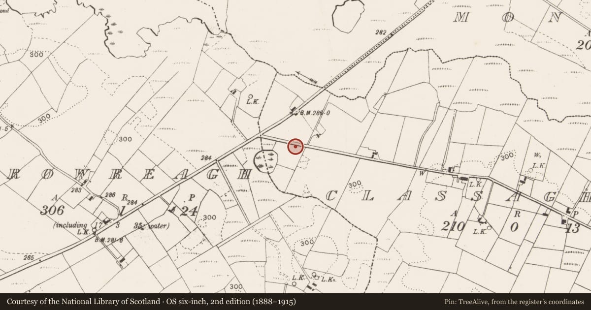 Ordnance Survey six-inch map, 2nd edition (1888–1915) covering the location of Fulacht fia, Classaghroe, County Mayo, with a pin at the register's coordinates