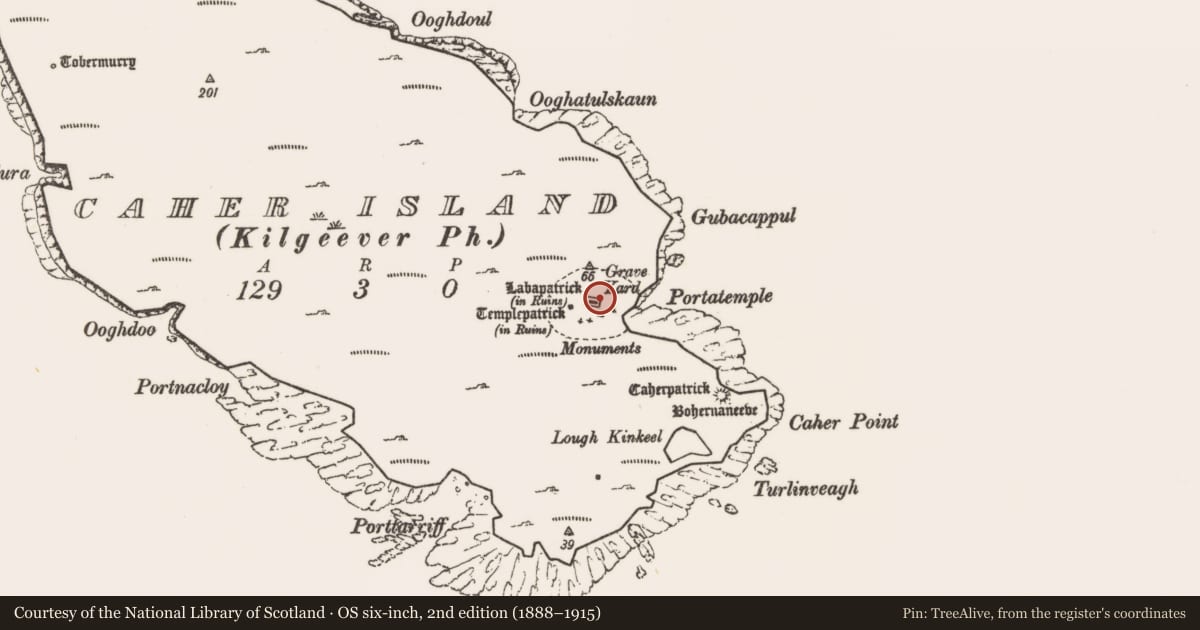 Ordnance Survey six-inch map, 2nd edition (1888–1915) covering the location of Enclosure, Caher Island, County Mayo, with a pin at the register's coordinates