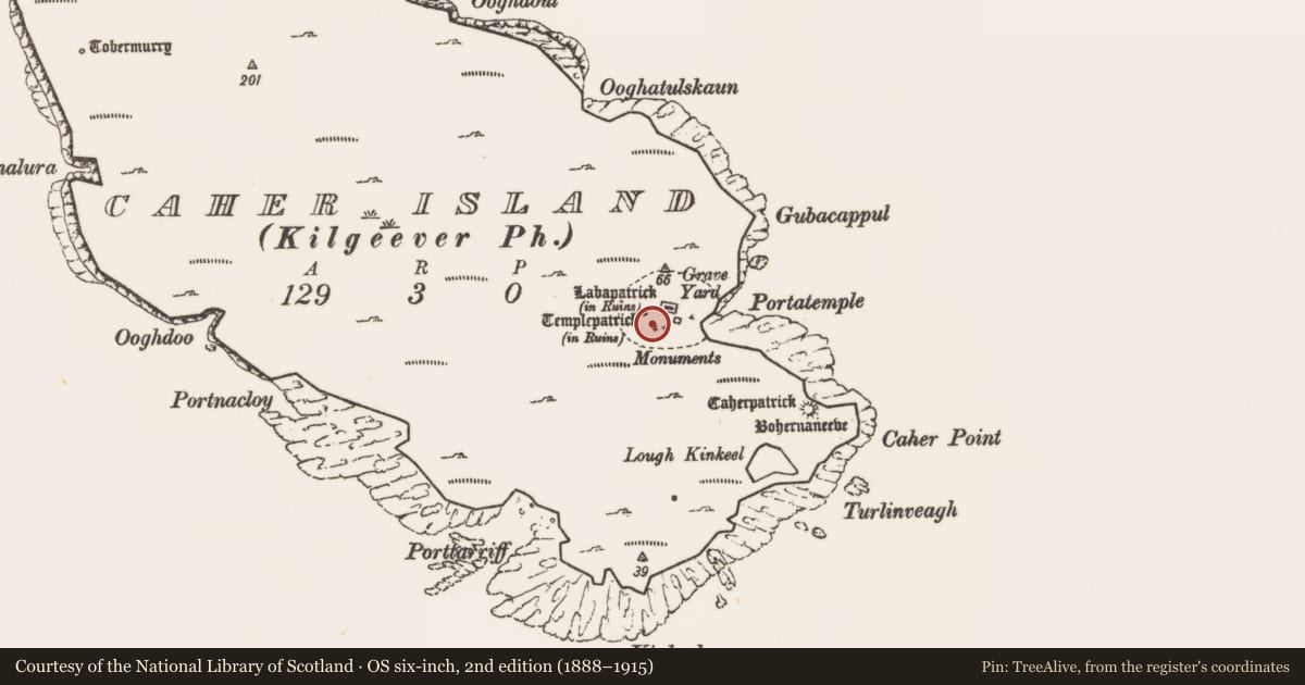 Ordnance Survey six-inch map, 2nd edition (1888–1915) covering the location of Standing stone, Caher Island, County Mayo, with a pin at the register's coordinates