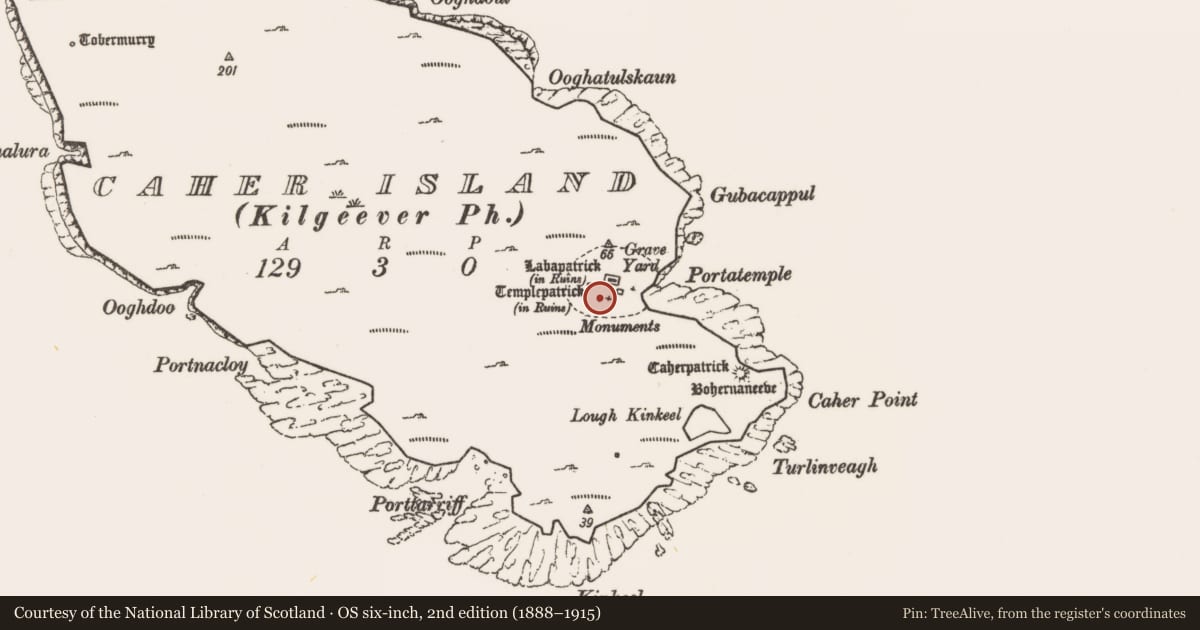 Ordnance Survey six-inch map, 2nd edition (1888–1915) covering the location of Standing stone, Caher Island, County Mayo, with a pin at the register's coordinates