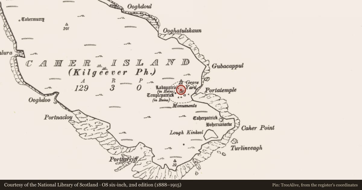 Ordnance Survey six-inch map, 2nd edition (1888–1915) covering the location of Building, Caher Island, County Mayo, with a pin at the register's coordinates