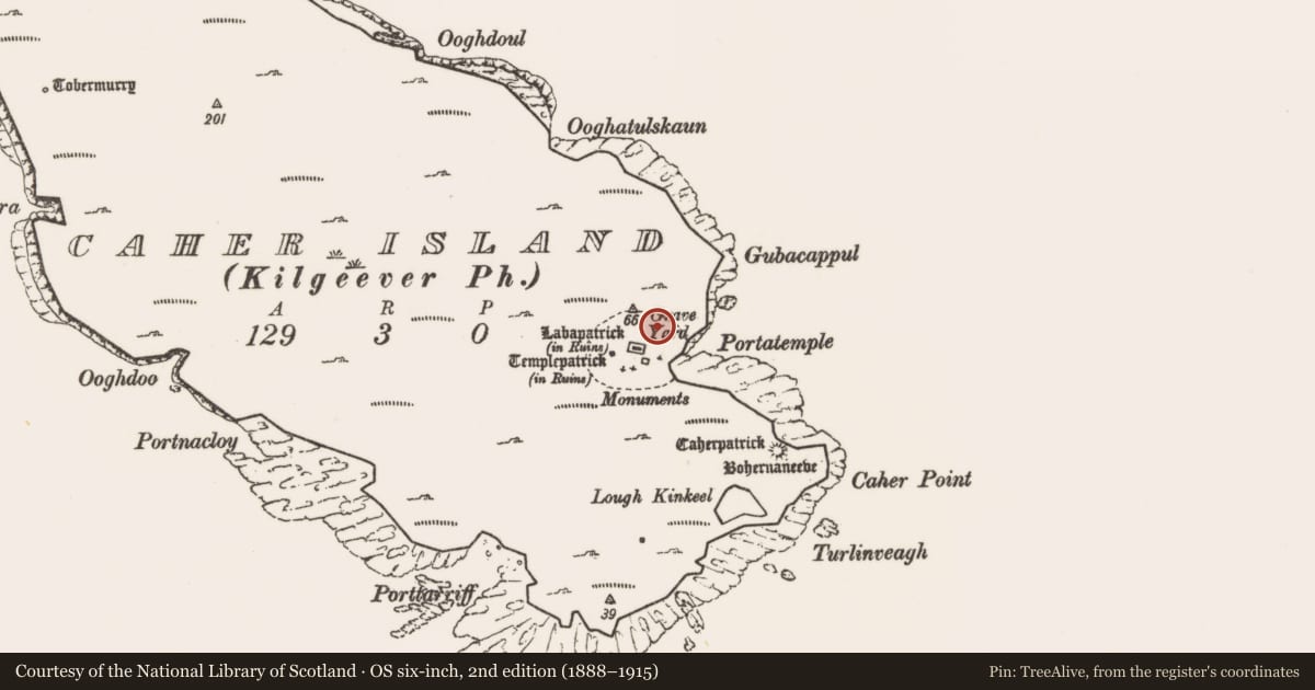 Ordnance Survey six-inch map, 2nd edition (1888–1915) covering the location of Graveyard, Caher Island, County Mayo, with a pin at the register's coordinates