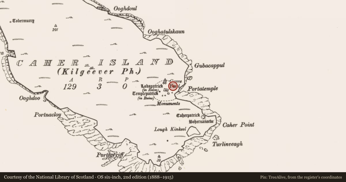 Ordnance Survey six-inch map, 2nd edition (1888–1915) covering the location of Cross-slab, Caher Island, County Mayo, with a pin at the register's coordinates