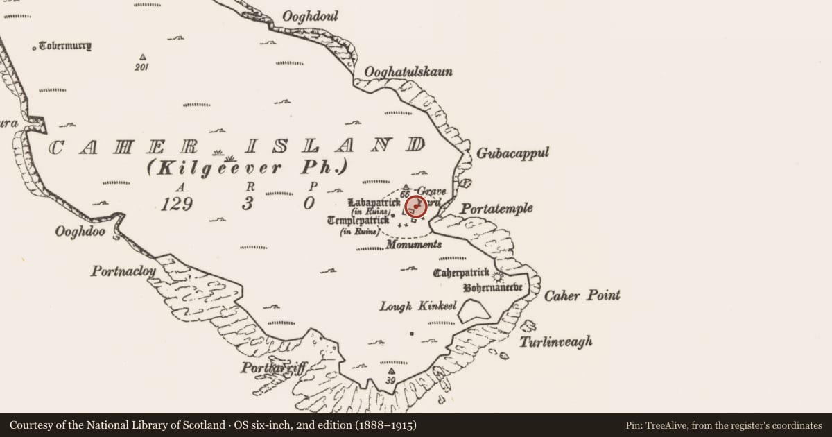 Ordnance Survey six-inch map, 2nd edition (1888–1915) covering the location of Leacht, Caher Island, County Mayo, with a pin at the register's coordinates