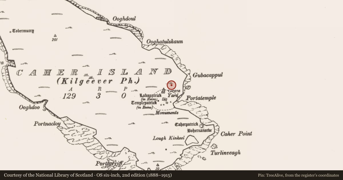 Ordnance Survey six-inch map, 2nd edition (1888–1915) covering the location of Leacht, Caher Island, County Mayo, with a pin at the register's coordinates