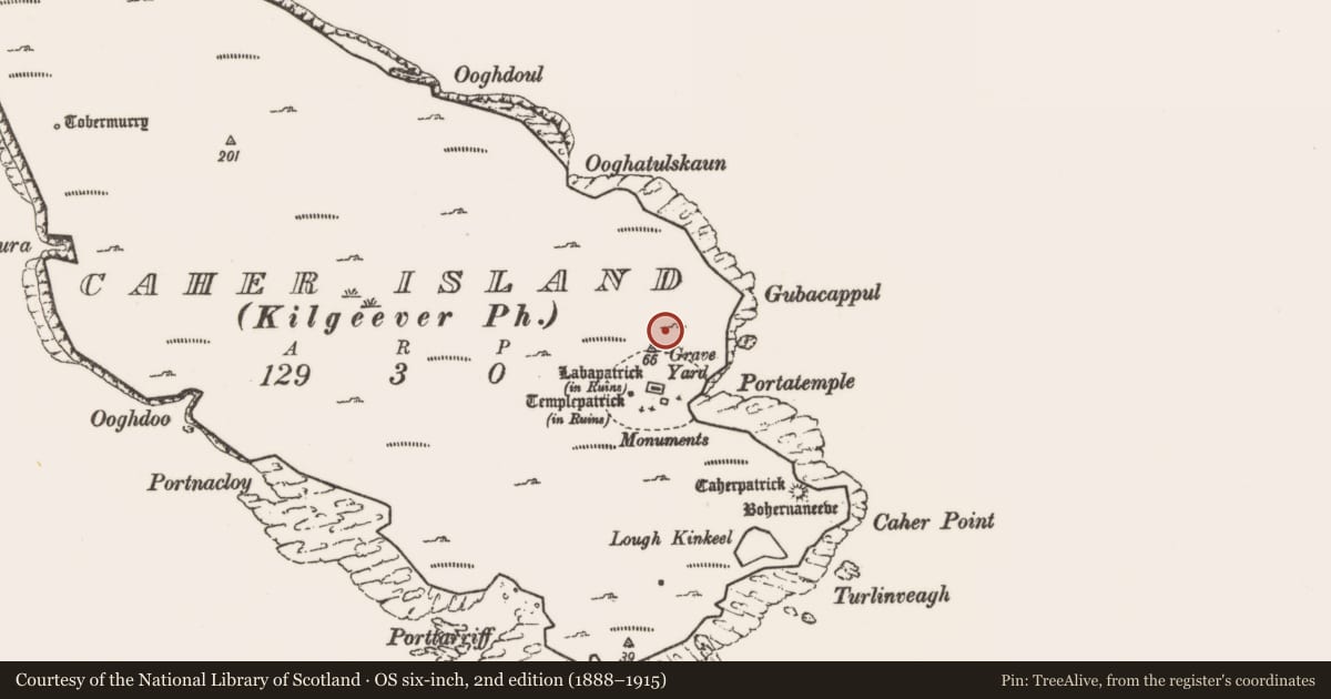 Ordnance Survey six-inch map, 2nd edition (1888–1915) covering the location of Leacht, Caher Island, County Mayo, with a pin at the register's coordinates