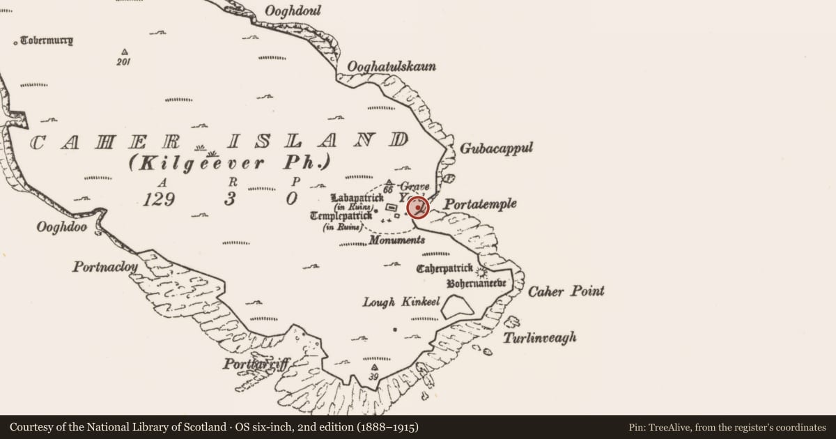Ordnance Survey six-inch map, 2nd edition (1888–1915) covering the location of Leacht, Caher Island, County Mayo, with a pin at the register's coordinates