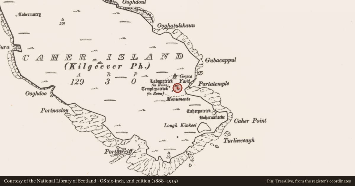 Ordnance Survey six-inch map, 2nd edition (1888–1915) covering the location of Penitential station, Caher Island, County Mayo, with a pin at the register's coordinates