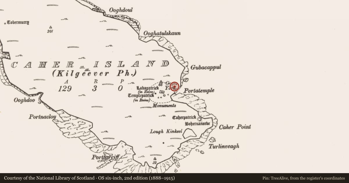 Ordnance Survey six-inch map, 2nd edition (1888–1915) covering the location of Penitential station, Caher Island, County Mayo, with a pin at the register's coordinates