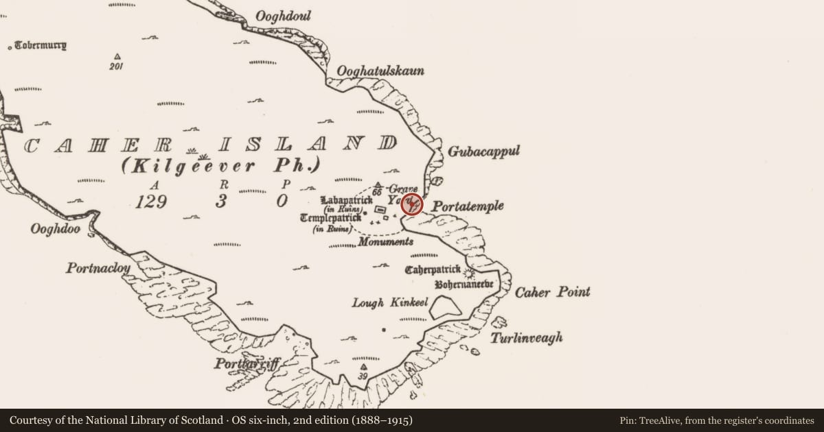 Ordnance Survey six-inch map, 2nd edition (1888–1915) covering the location of Penitential station, Caher Island, County Mayo, with a pin at the register's coordinates