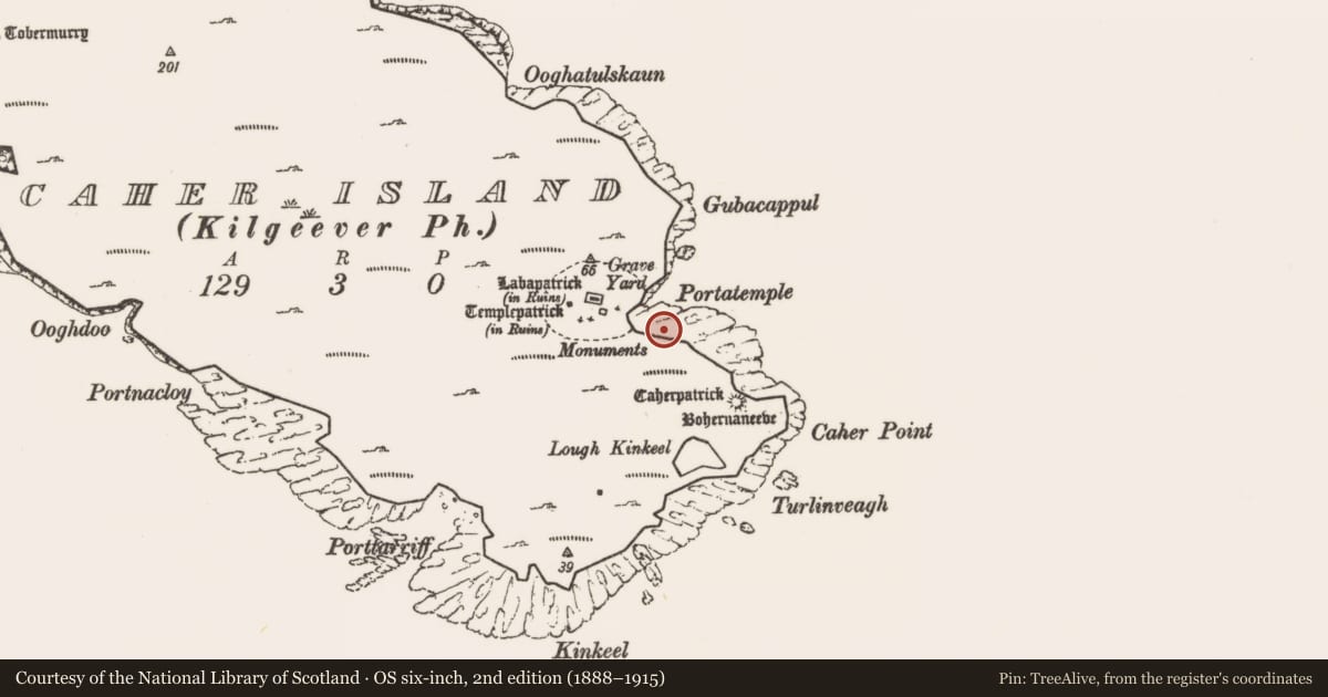 Ordnance Survey six-inch map, 2nd edition (1888–1915) covering the location of Penitential station, Caher Island, County Mayo, with a pin at the register's coordinates