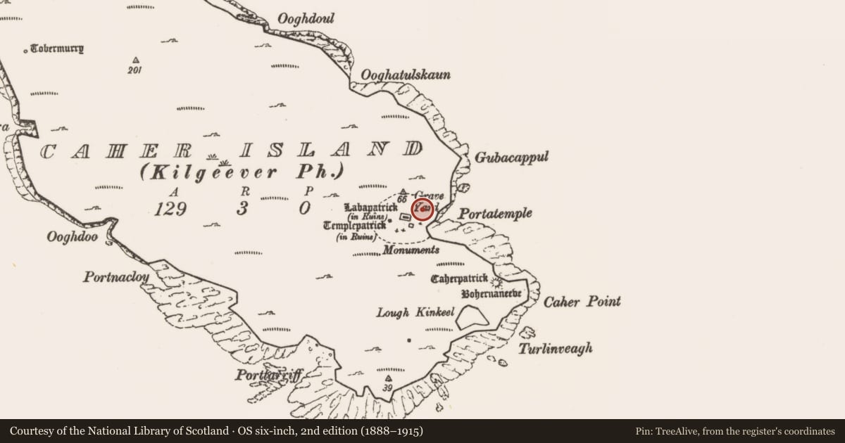 Ordnance Survey six-inch map, 2nd edition (1888–1915) covering the location of Cross-slab, Caher Island, County Mayo, with a pin at the register's coordinates