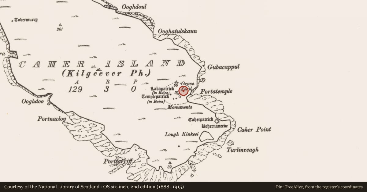 Ordnance Survey six-inch map, 2nd edition (1888–1915) covering the location of Cross-slab, Caher Island, County Mayo, with a pin at the register's coordinates