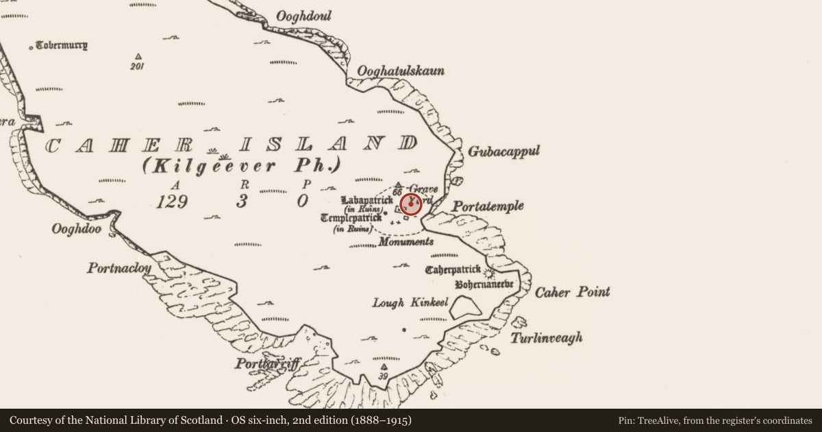 Ordnance Survey six-inch map, 2nd edition (1888–1915) covering the location of Cross-slab, Caher Island, County Mayo, with a pin at the register's coordinates