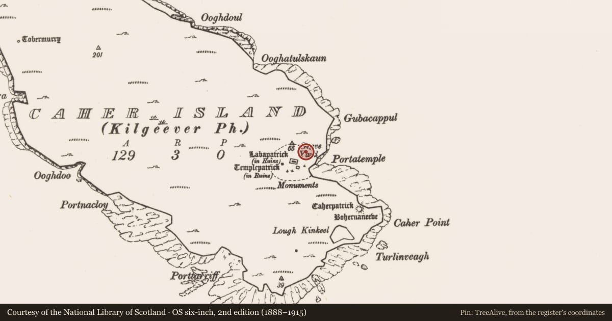 Ordnance Survey six-inch map, 2nd edition (1888–1915) covering the location of Leacht, Caher Island, County Mayo, with a pin at the register's coordinates
