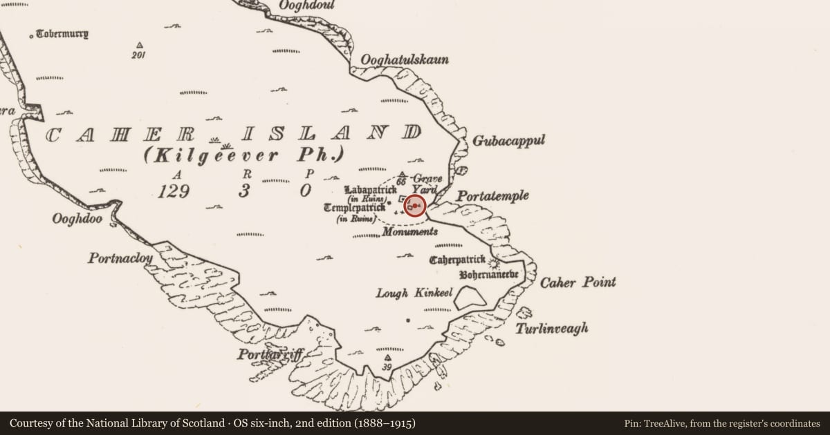 Ordnance Survey six-inch map, 2nd edition (1888–1915) covering the location of Leacht, Caher Island, County Mayo, with a pin at the register's coordinates