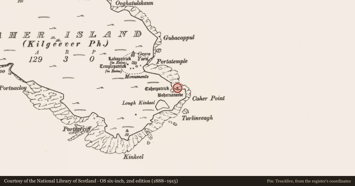 Ordnance Survey six-inch map, 2nd edition (1888–1915) covering the location of Ringfort - cashel, Caher Island, County Mayo, with a pin at the register's coordinates