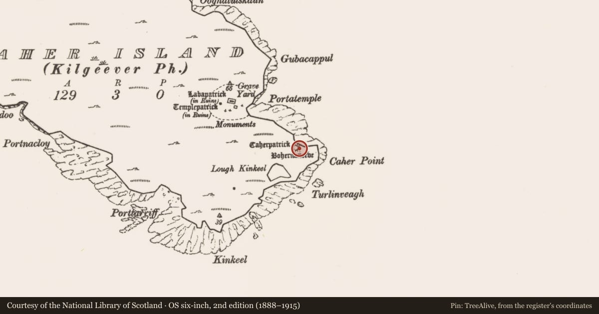 Ordnance Survey six-inch map, 2nd edition (1888–1915) covering the location of Road - road/trackway, Caher Island, County Mayo, with a pin at the register's coordinates