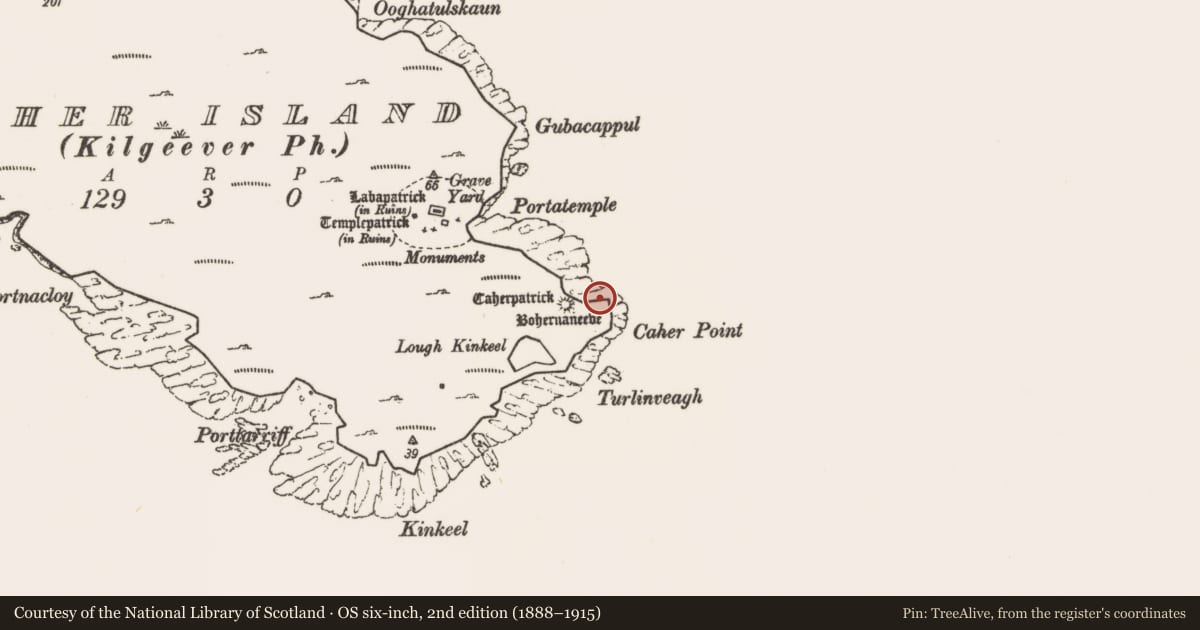 Ordnance Survey six-inch map, 2nd edition (1888–1915) covering the location of Road - road/trackway, Caher Island, County Mayo, with a pin at the register's coordinates