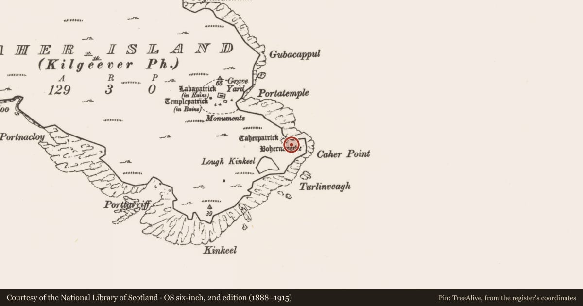 Ordnance Survey six-inch map, 2nd edition (1888–1915) covering the location of Ringfort - cashel, Caher Island, County Mayo, with a pin at the register's coordinates