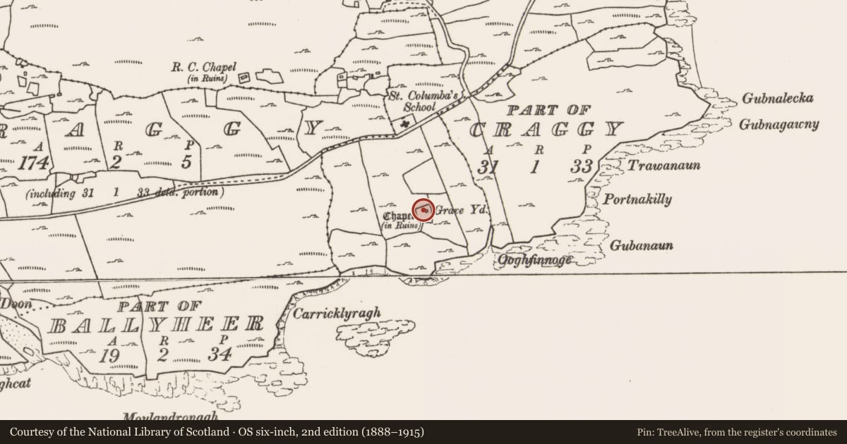 Ordnance Survey six-inch map, 2nd edition (1888–1915) covering the location of Church, Craggy, County Mayo, with a pin at the register's coordinates