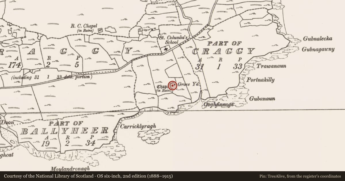 Ordnance Survey six-inch map, 2nd edition (1888–1915) covering the location of Graveyard, Craggy, County Mayo, with a pin at the register's coordinates