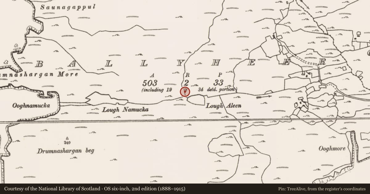 Ordnance Survey six-inch map, 2nd edition (1888–1915) covering the location of House - indeterminate date, Ballyheer, County Mayo, with a pin at the register's coordinates