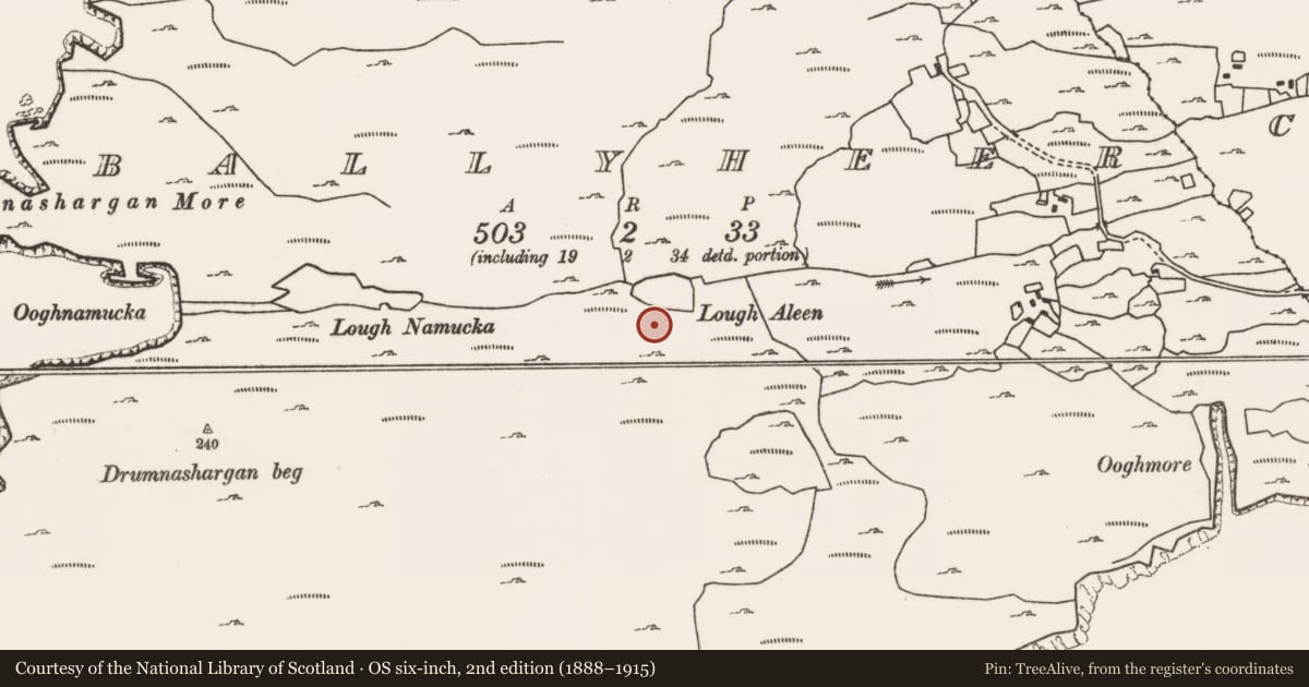Ordnance Survey six-inch map, 2nd edition (1888–1915) covering the location of Field boundary, Ballyheer, County Mayo, with a pin at the register's coordinates